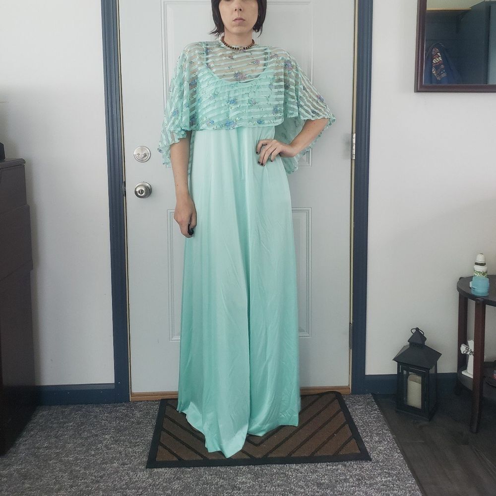 70s Blue Gown with Sheer Cape‎